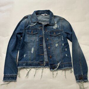 Blu[edit] Distressed cropped Jean Denim Jacket Womens size S Fringe hem western
